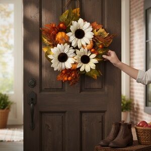 Autumn Harvest Wreath with White and Orange Accents